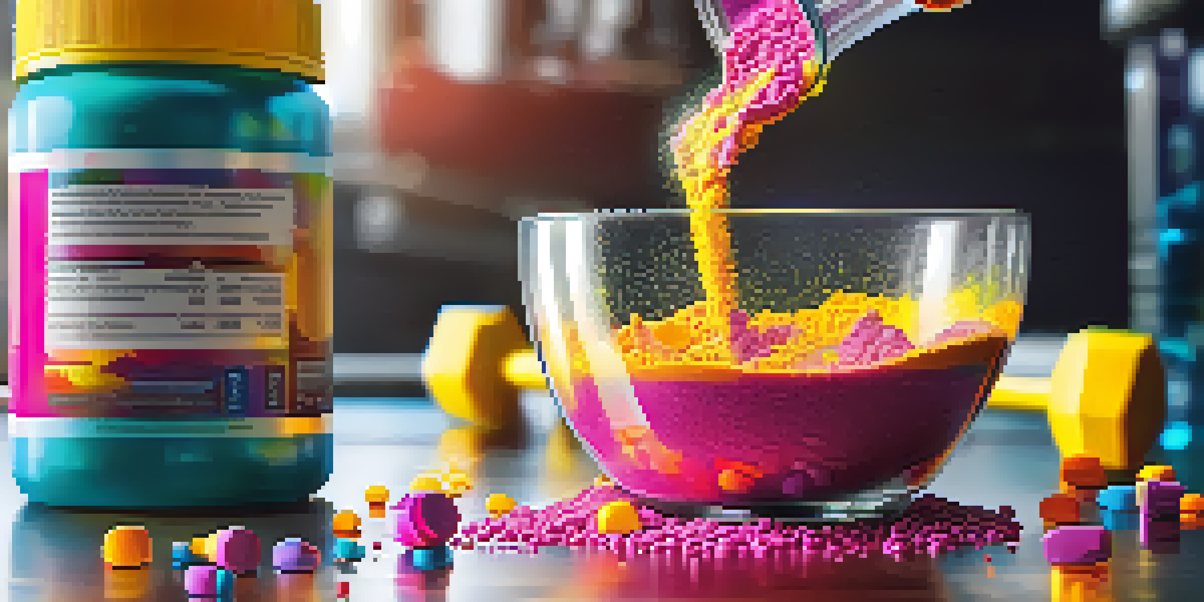 A close-up image of a colorful pre-workout supplement powder being poured into a glass, with gym equipment in the background.