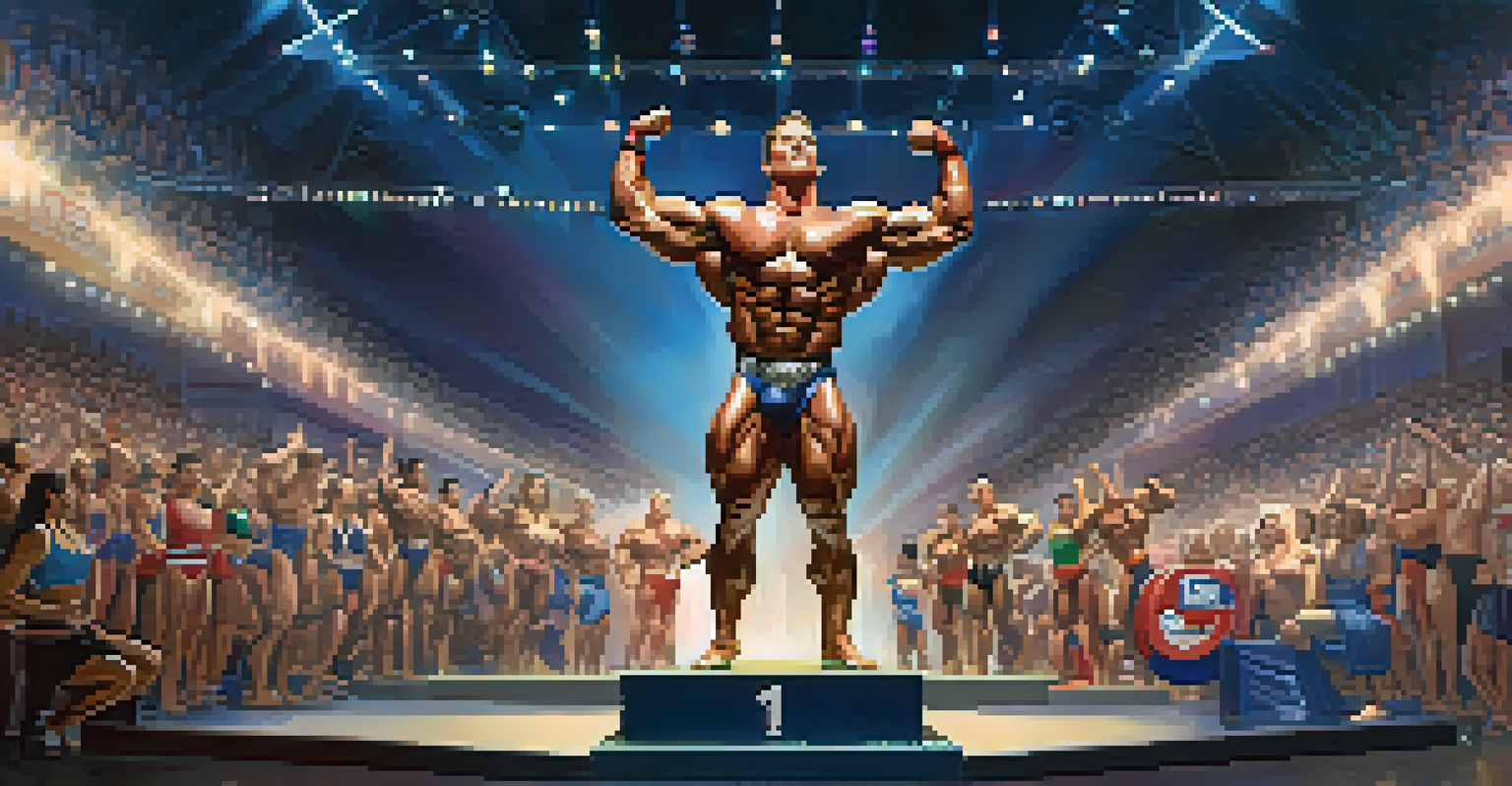 A triumphant bodybuilder on a podium celebrating a personal achievement at a competition, surrounded by audience applause.