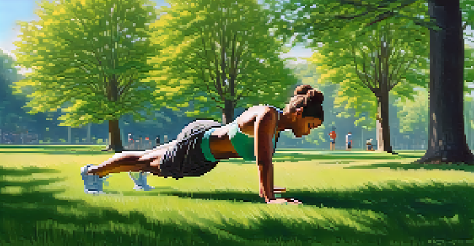 A person doing push-ups and squats in a sunny outdoor setting with trees and grass around.