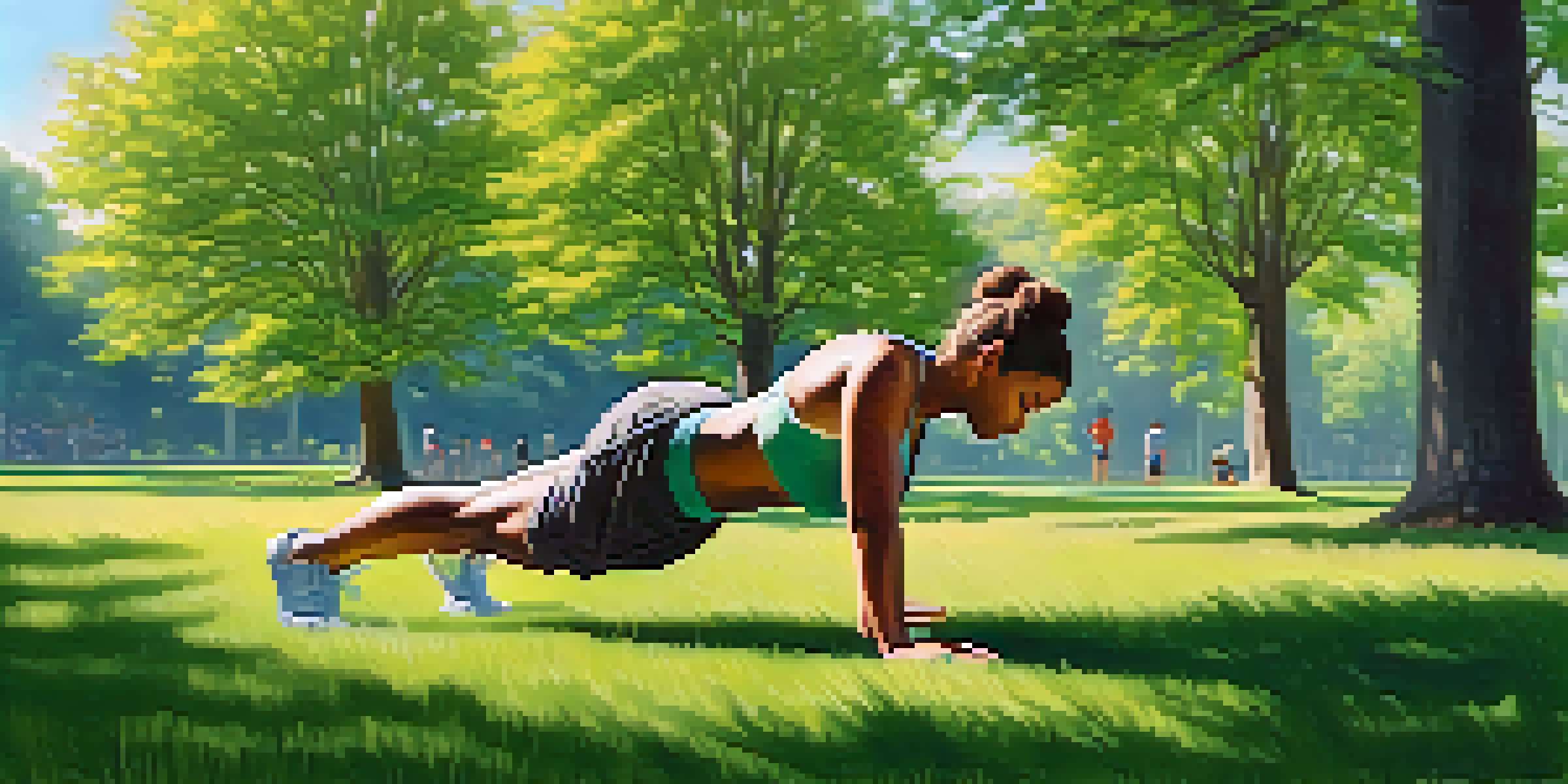 A person doing push-ups and squats in a sunny outdoor setting with trees and grass around.