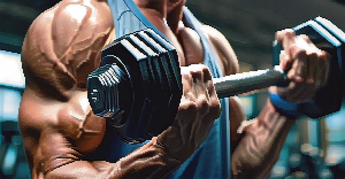 A close-up of a muscular arm lifting a dumbbell in a gym, with defined muscles and veins, in a well-lit environment.