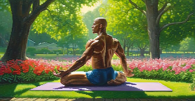A bodybuilder practicing yoga in a sunny park, surrounded by greenery and flowers, embodying strength and tranquility.