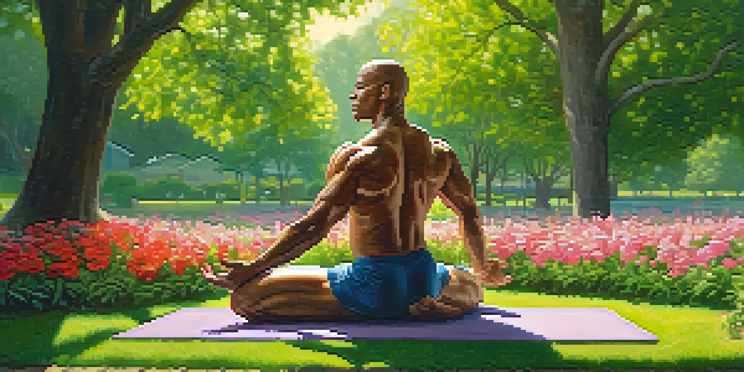 A bodybuilder practicing yoga in a sunny park, surrounded by greenery and flowers, embodying strength and tranquility.