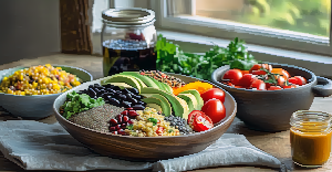 A colorful vegan meal on a wooden table, showcasing a quinoa salad with black beans, avocado, and fresh vegetables, alongside a glass jar of chia seed pudding.