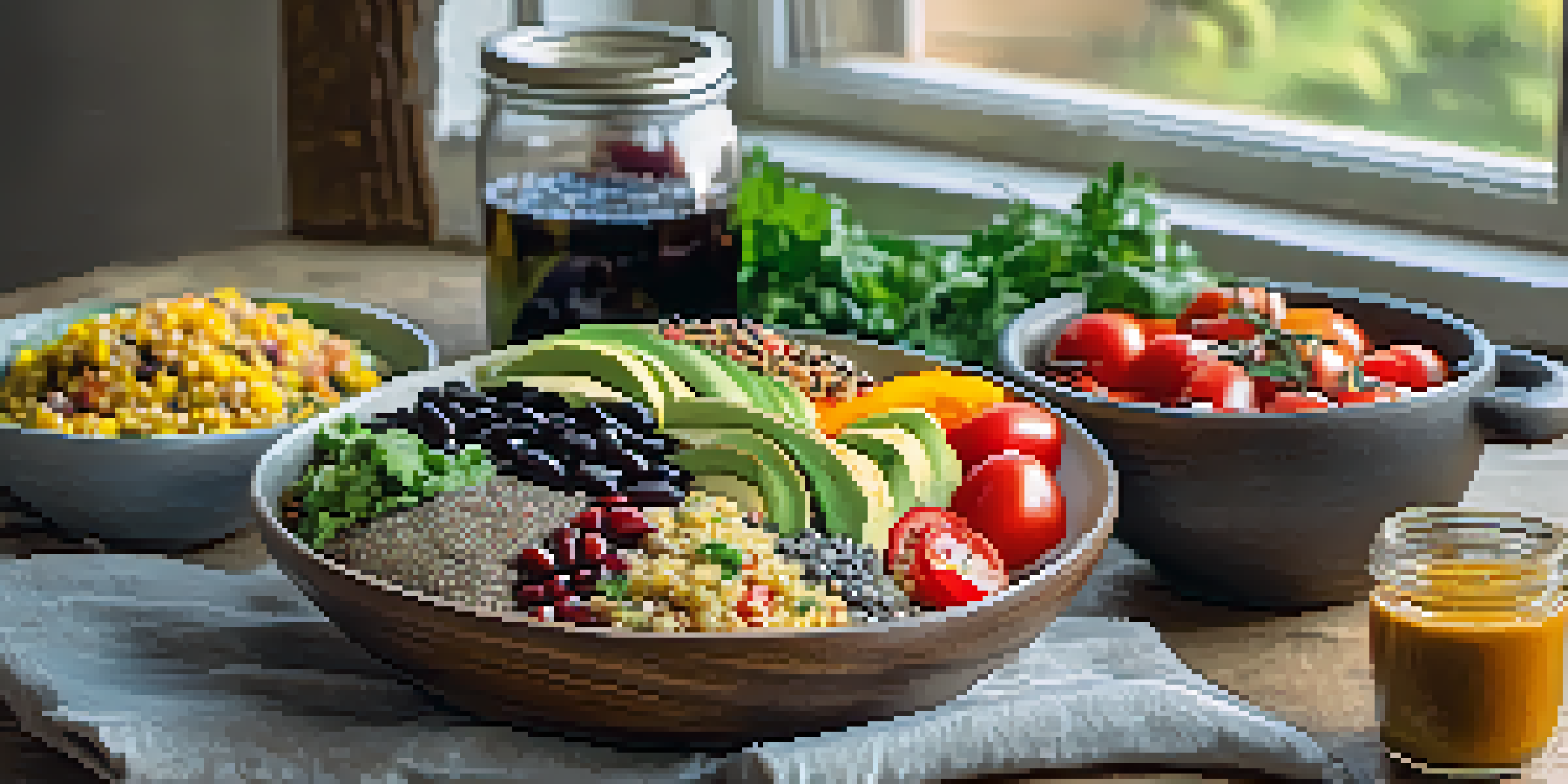 A colorful vegan meal on a wooden table, showcasing a quinoa salad with black beans, avocado, and fresh vegetables, alongside a glass jar of chia seed pudding.