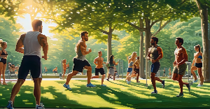 A diverse group of bodybuilders exercising outdoors in a park during sunset, surrounded by trees and joggers.