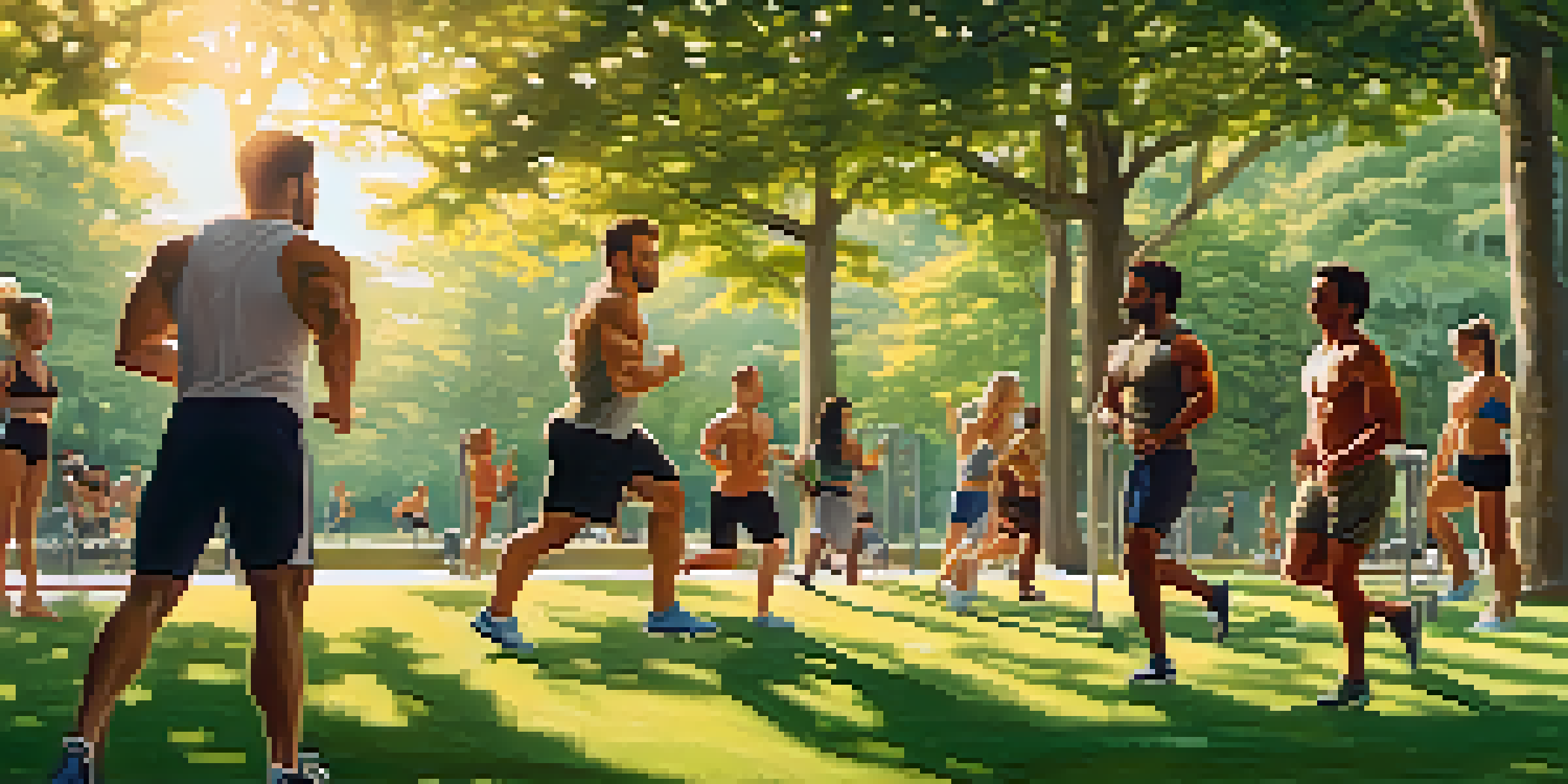 A diverse group of bodybuilders exercising outdoors in a park during sunset, surrounded by trees and joggers.