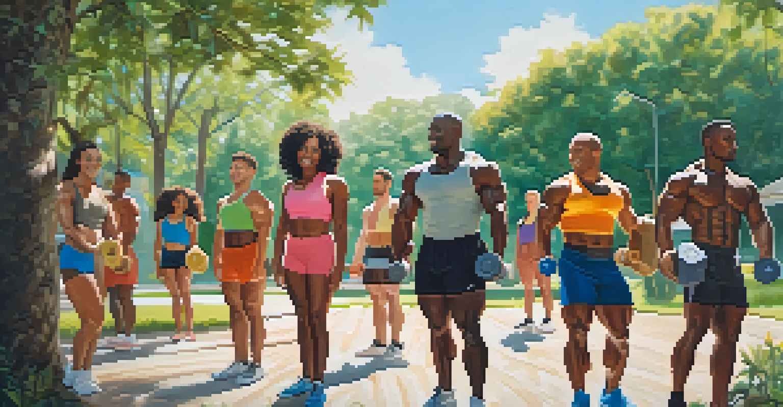 A group of people participating in an outdoor bodybuilding class in a green park.