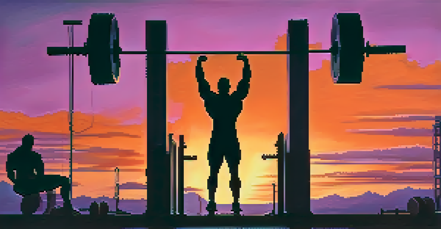 Silhouette of a person lifting weights outdoors at sunset, with vibrant colors in the sky.