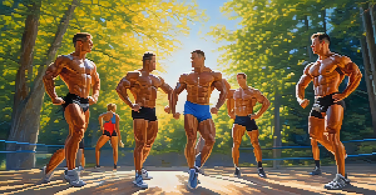 A group of bodybuilders doing high knees outdoors in a sunny park, with trees and a blue sky in the background.