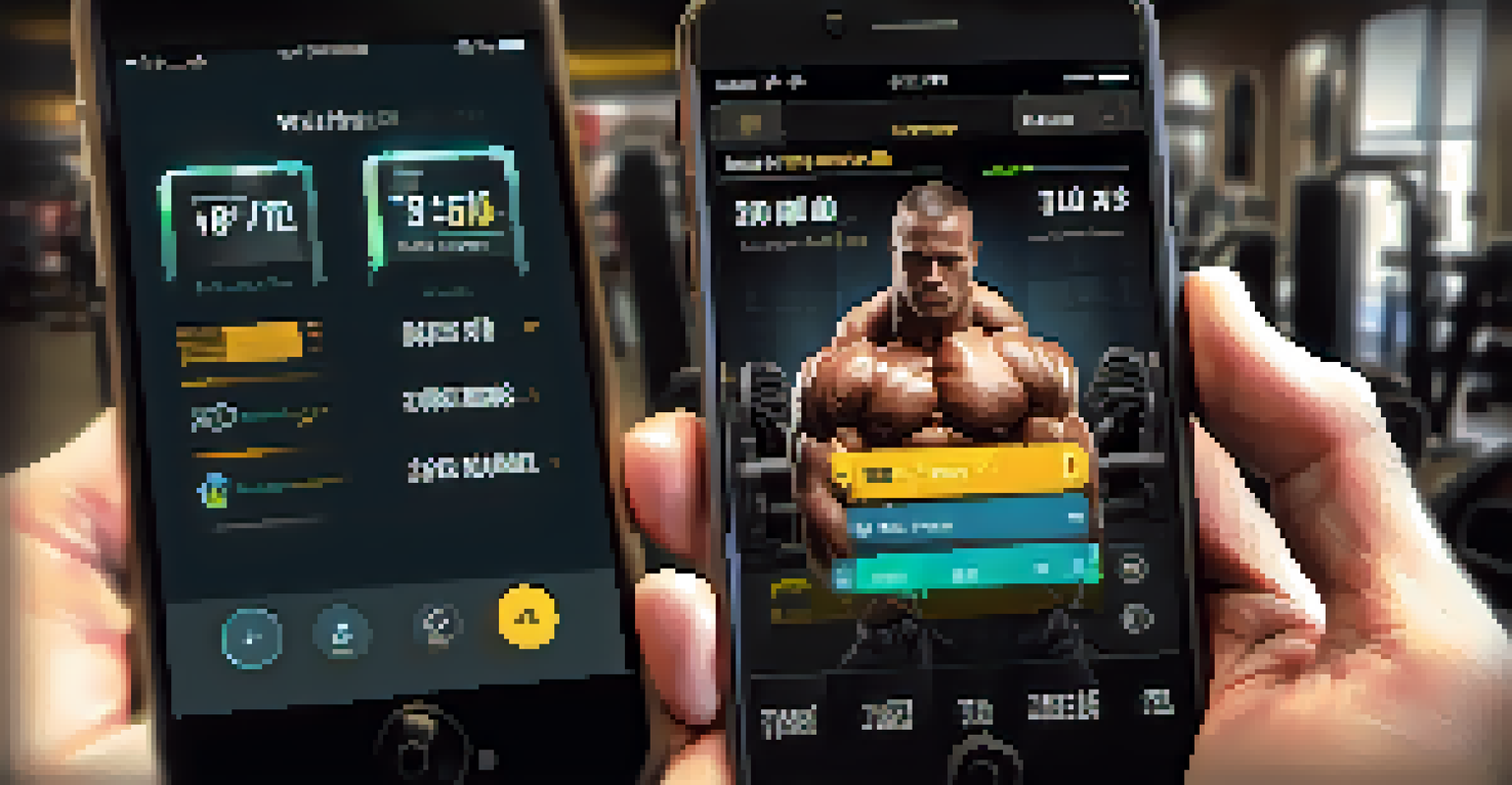 A close-up of a bodybuilder's hand holding a smartphone with a workout app, set against a gym background.