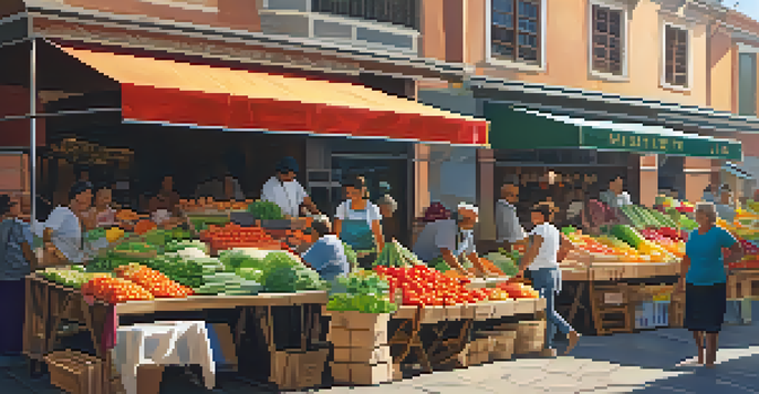 A bustling local market filled with colorful fruits and vegetables, with sunlight creating a warm atmosphere and shoppers engaging with vendors.