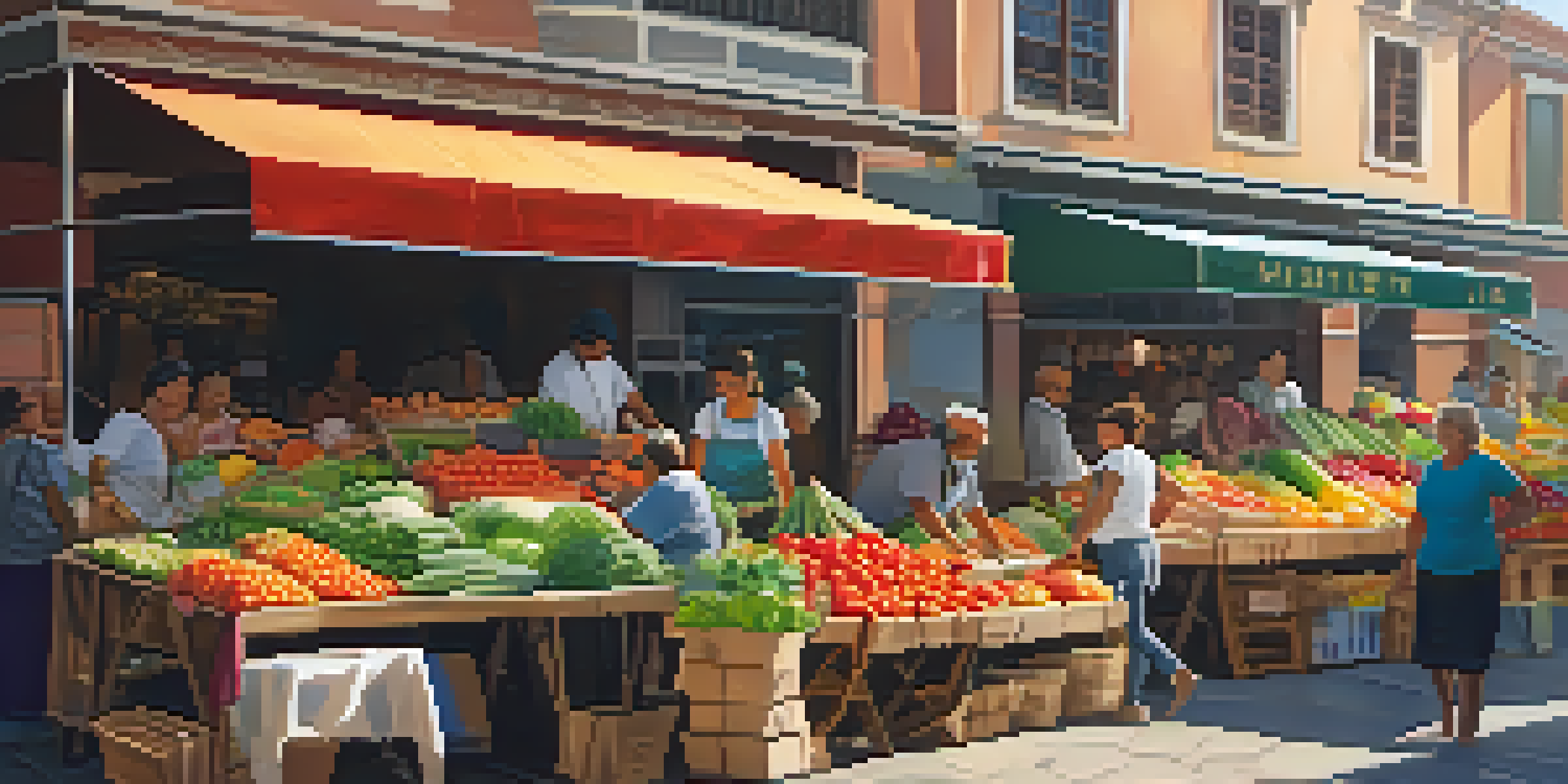 A bustling local market filled with colorful fruits and vegetables, with sunlight creating a warm atmosphere and shoppers engaging with vendors.