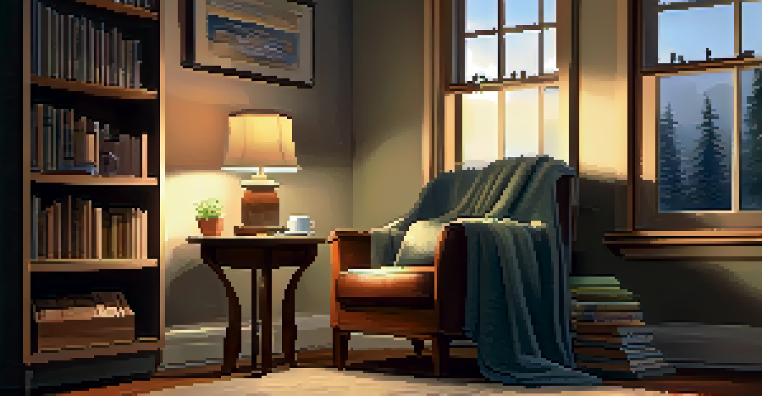 A cozy reading nook with a chair, books, warm lighting, and a cup of tea, ideal for a pre-sleep routine.