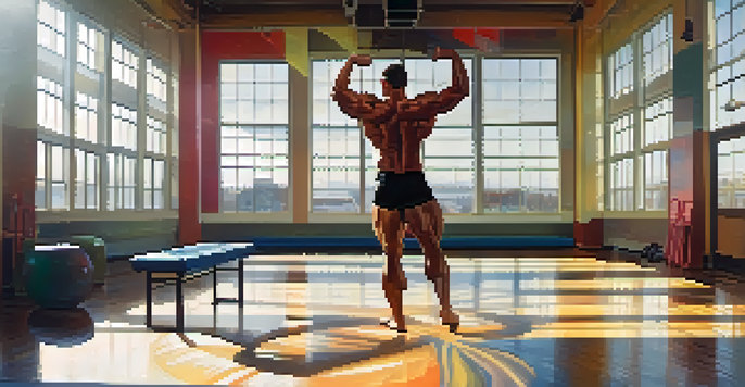 A bodybuilder doing hip circles in a bright gym with sunlight streaming through windows.