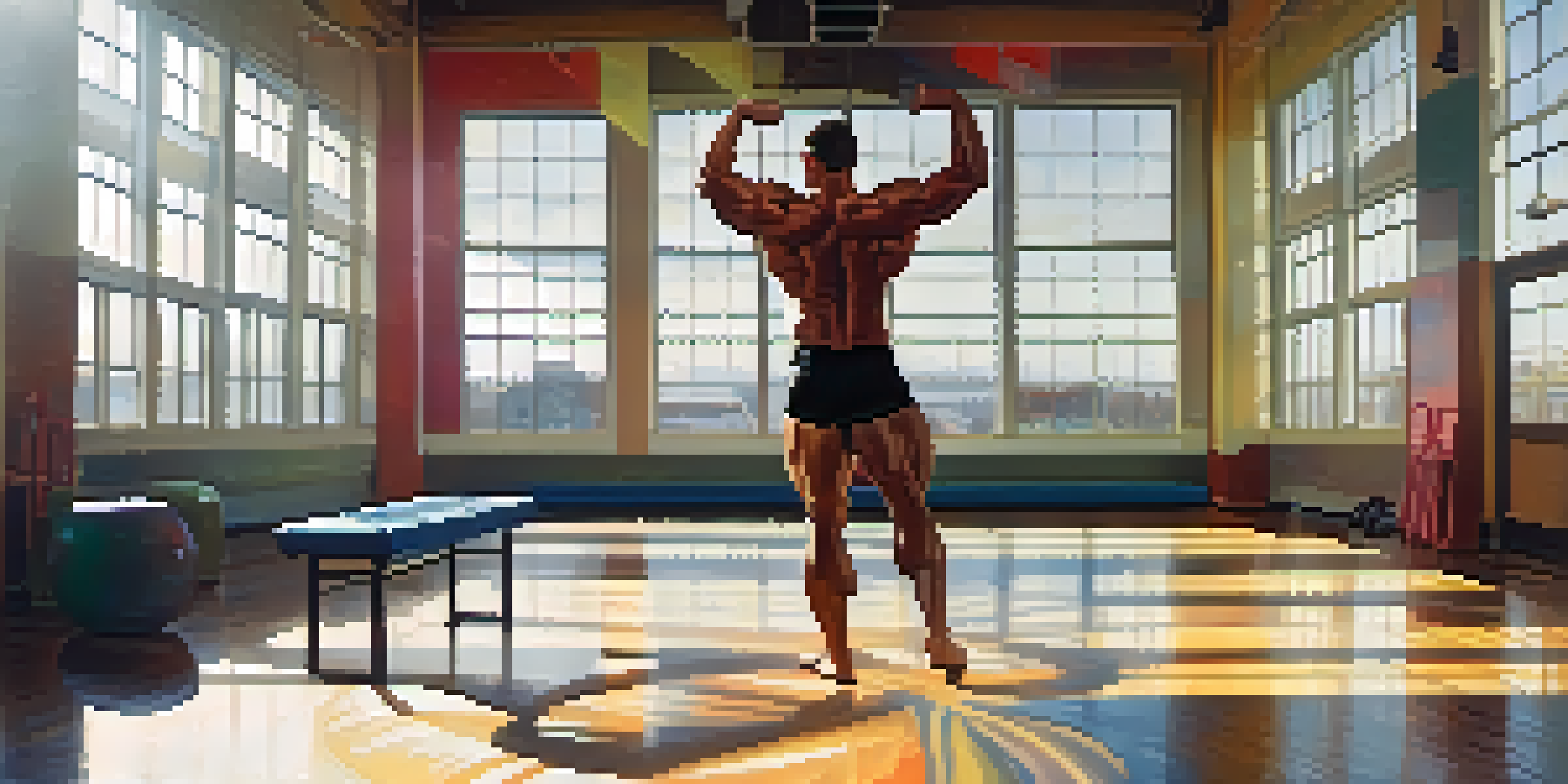 A bodybuilder doing hip circles in a bright gym with sunlight streaming through windows.