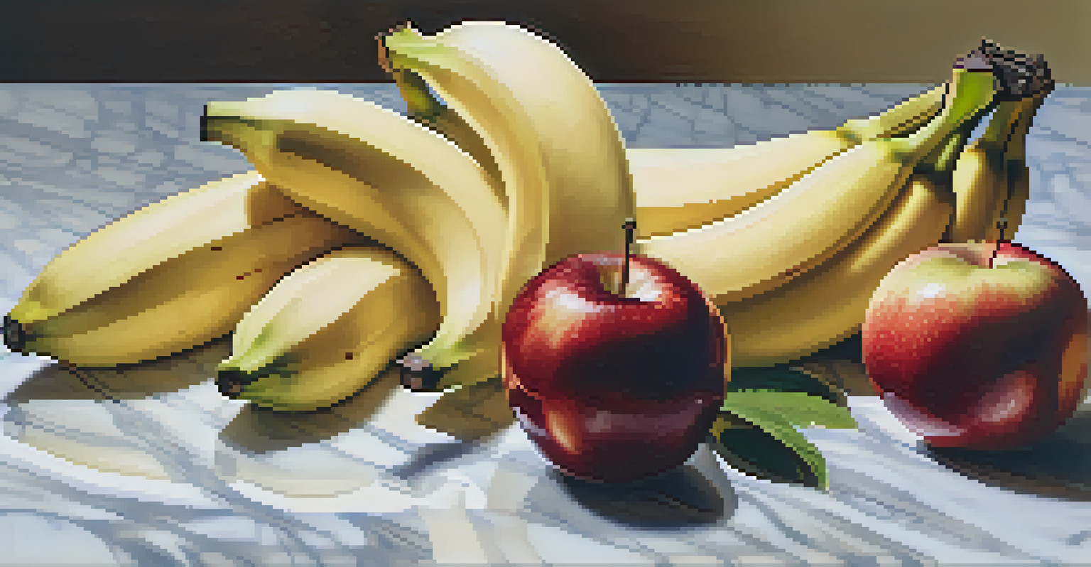A close-up of assorted fresh fruits including bananas, berries, and apples on a marble countertop, illuminated by soft natural light.