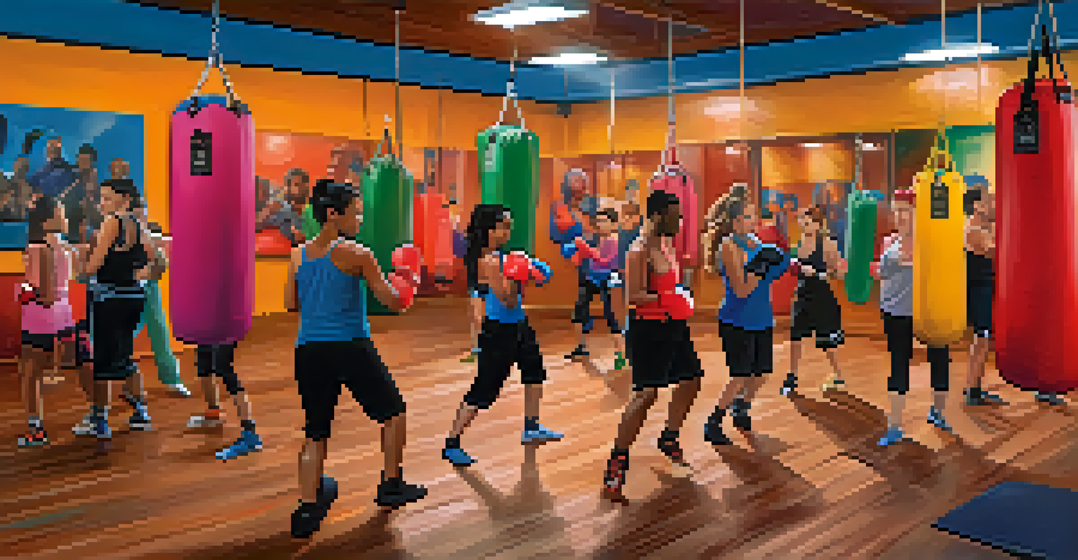 A diverse group of individuals enjoying a kickboxing class in a colorful gym.