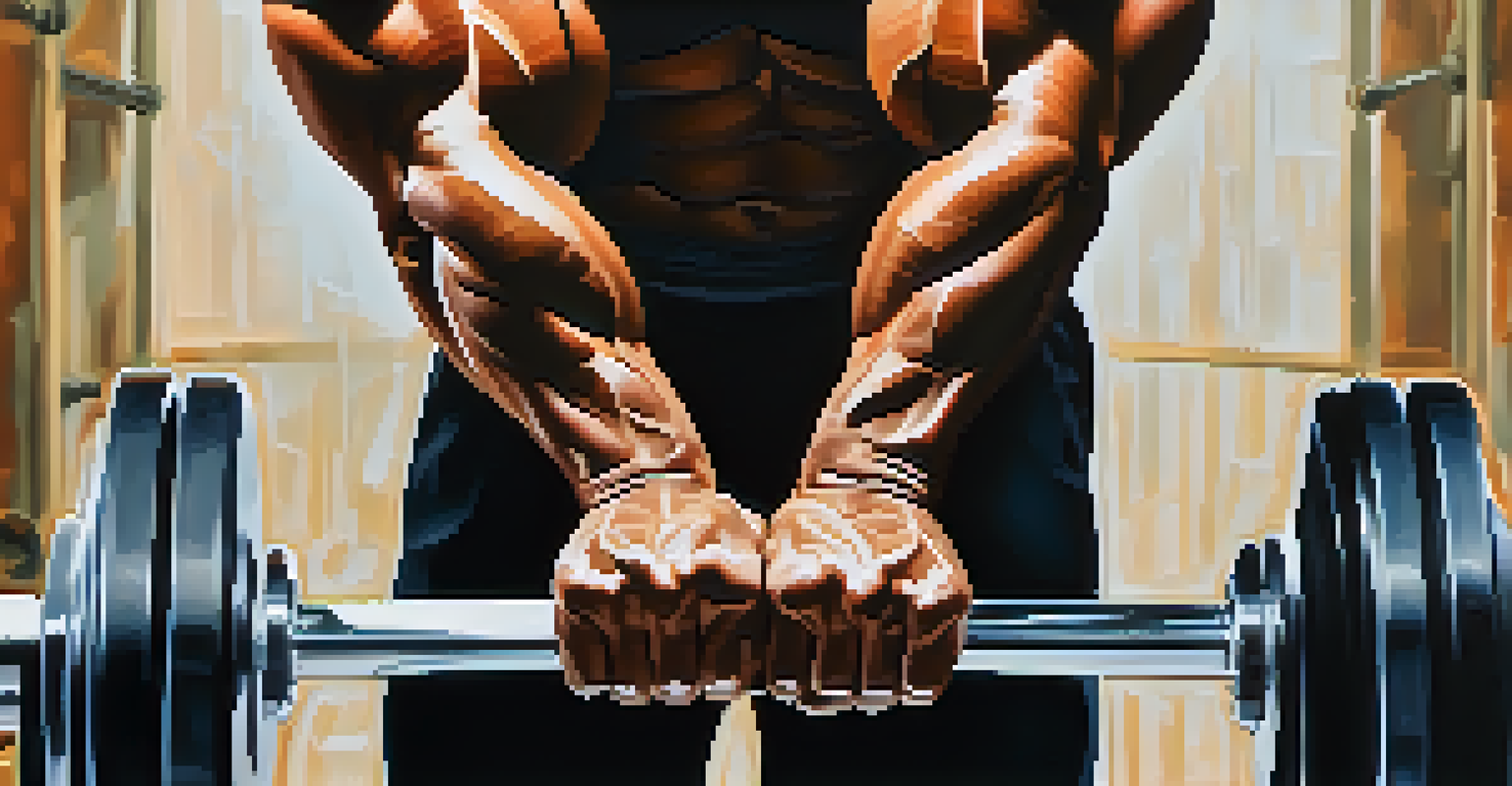 Close-up of a bodybuilder's hands gripping a barbell, emphasizing strength and determination in a gym setting.
