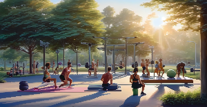 A diverse group of people working out in an outdoor gym at sunrise, featuring a runner, a weightlifter, and a yogi amidst a natural landscape.