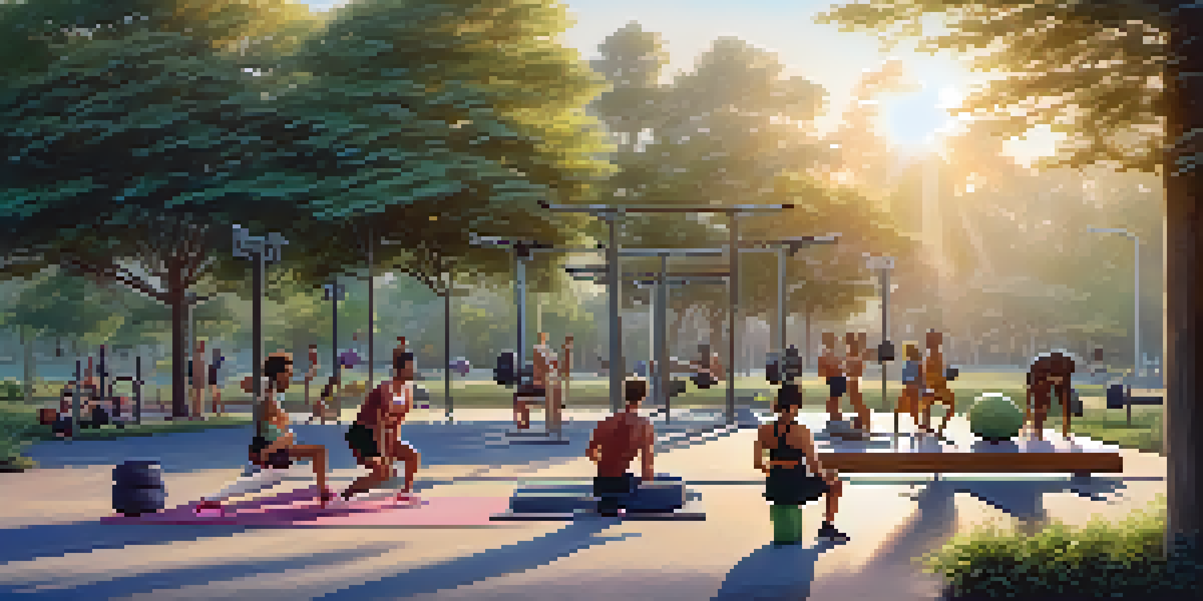 A diverse group of people working out in an outdoor gym at sunrise, featuring a runner, a weightlifter, and a yogi amidst a natural landscape.