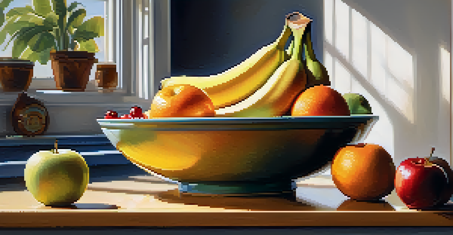 A colorful bowl of assorted fresh fruits with sunlight casting shadows in the background.