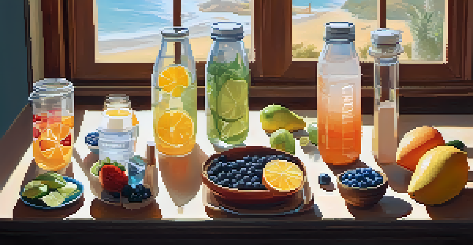 A hydration station with drinks, energy bars, and fruits on a wooden table illuminated by sunlight.