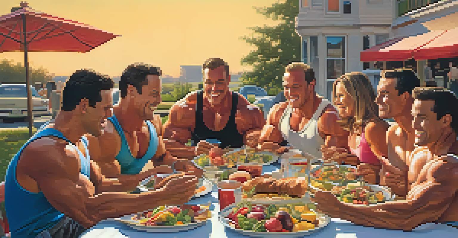 A group of bodybuilders enjoying a meal outdoors, surrounded by healthy food, with a sunset creating a warm atmosphere of friendship.
