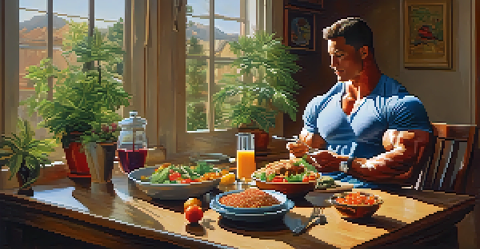 A bodybuilder savoring a nutritious meal at a wooden table, with grilled chicken, quinoa, and colorful vegetables, illuminated by soft natural light.