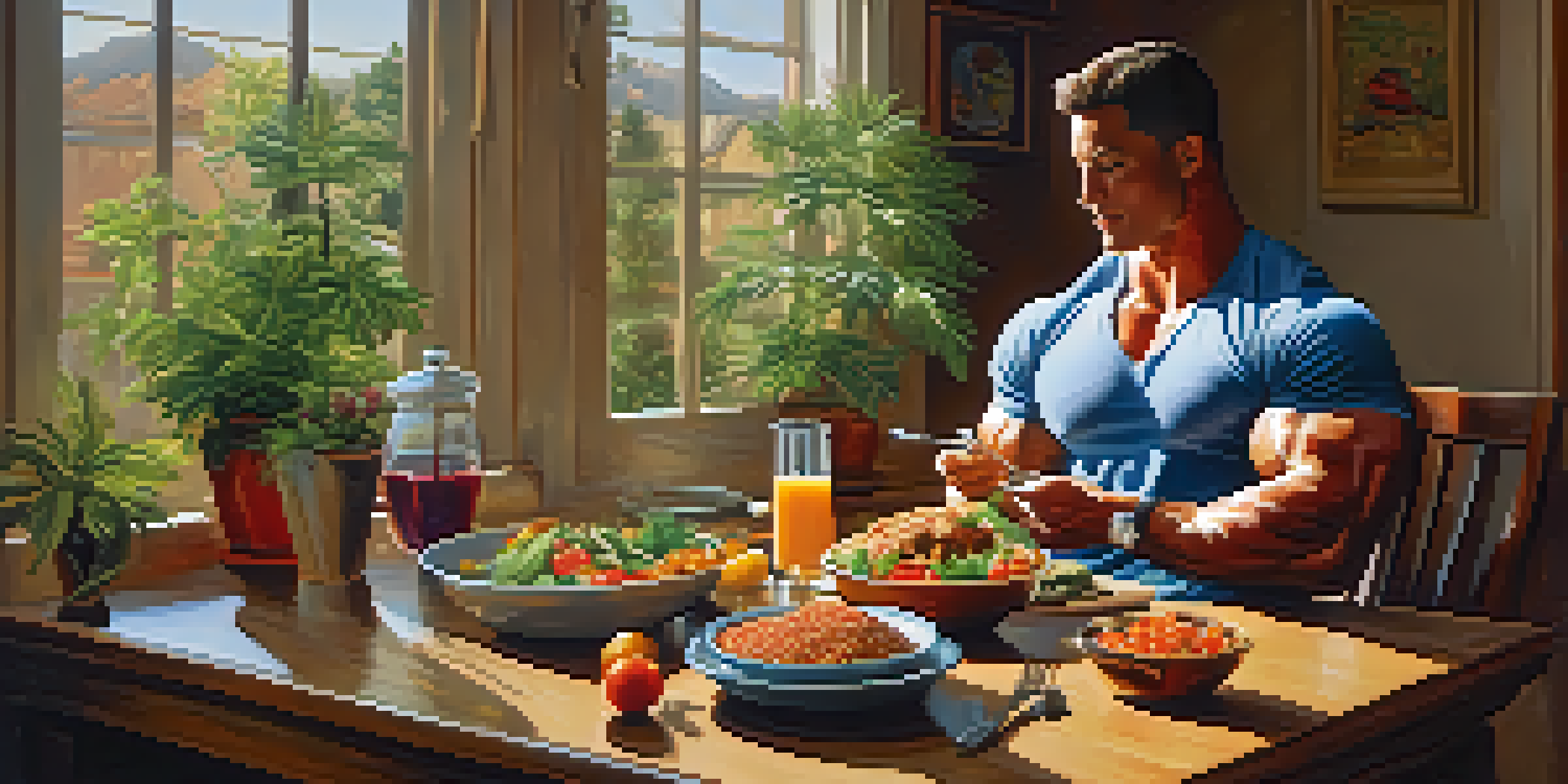 A bodybuilder savoring a nutritious meal at a wooden table, with grilled chicken, quinoa, and colorful vegetables, illuminated by soft natural light.