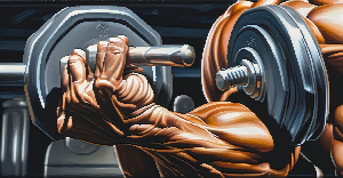 A close-up of a bodybuilder's hand gripping a dumbbell, emphasizing muscle definition and sweat, with a blurred gym background.
