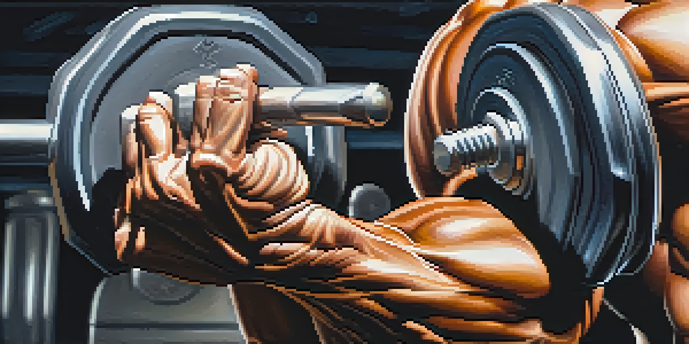 A close-up of a bodybuilder's hand gripping a dumbbell, emphasizing muscle definition and sweat, with a blurred gym background.