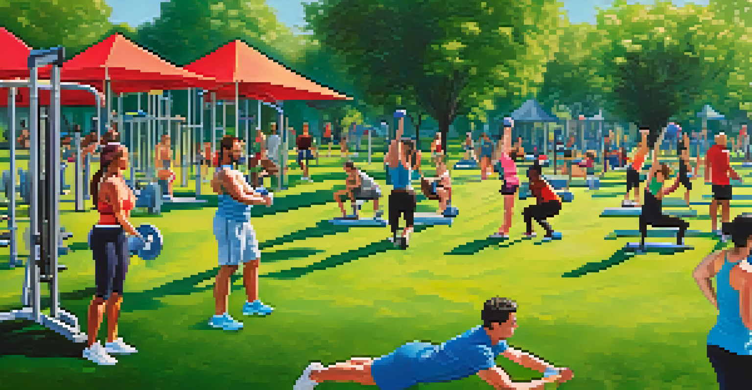 A diverse group of people working out in a park, showcasing various body types engaged in strength training exercises against a vibrant outdoor backdrop.