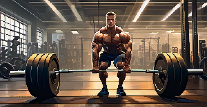 A bodybuilder lifting a barbell in a gym, showing muscular definition and determination.