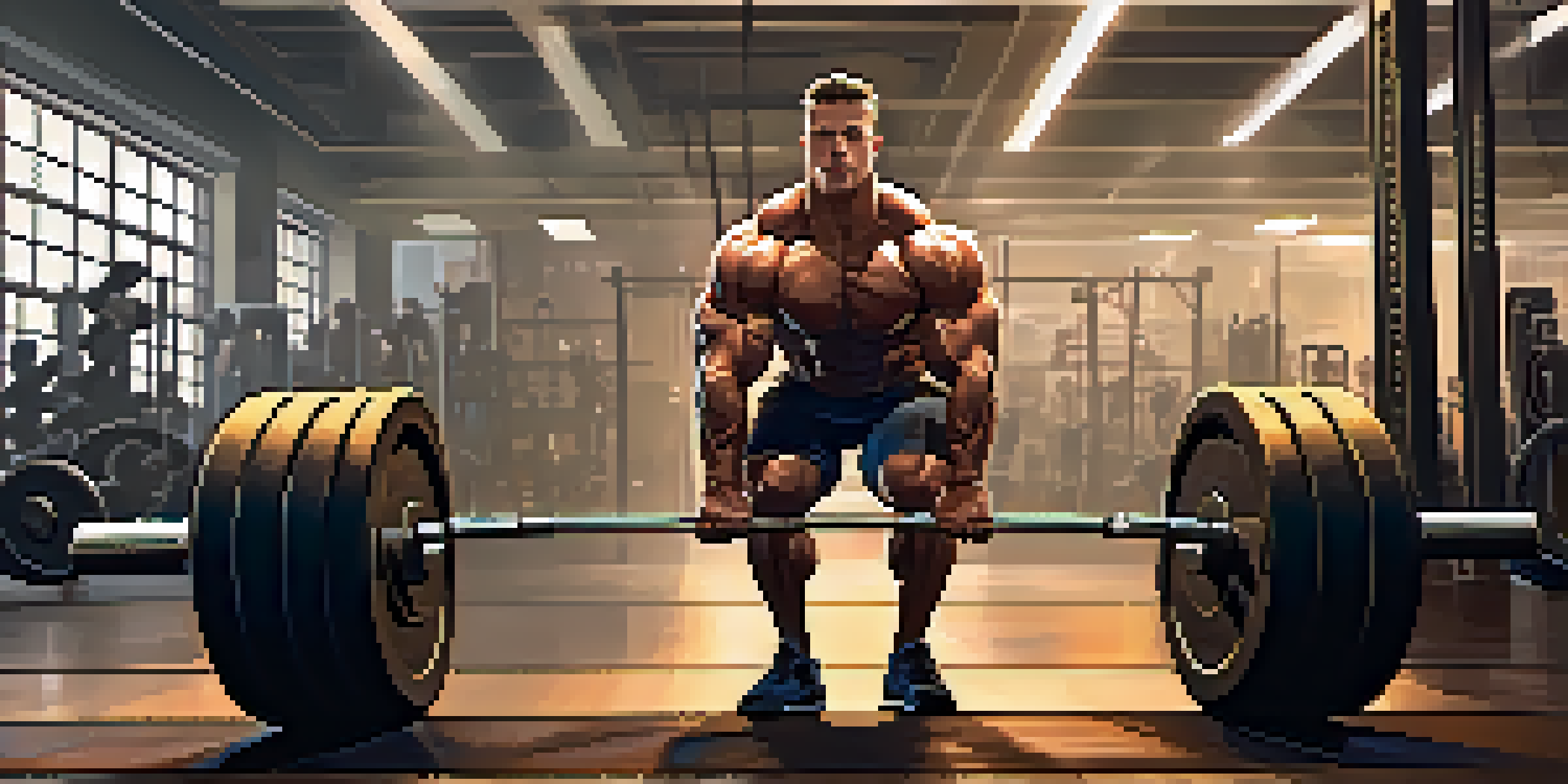 A bodybuilder lifting a barbell in a gym, showing muscular definition and determination.