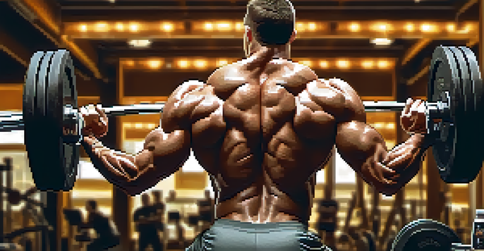 A bodybuilder lifting weights in a gym, showcasing strong muscles and determination.