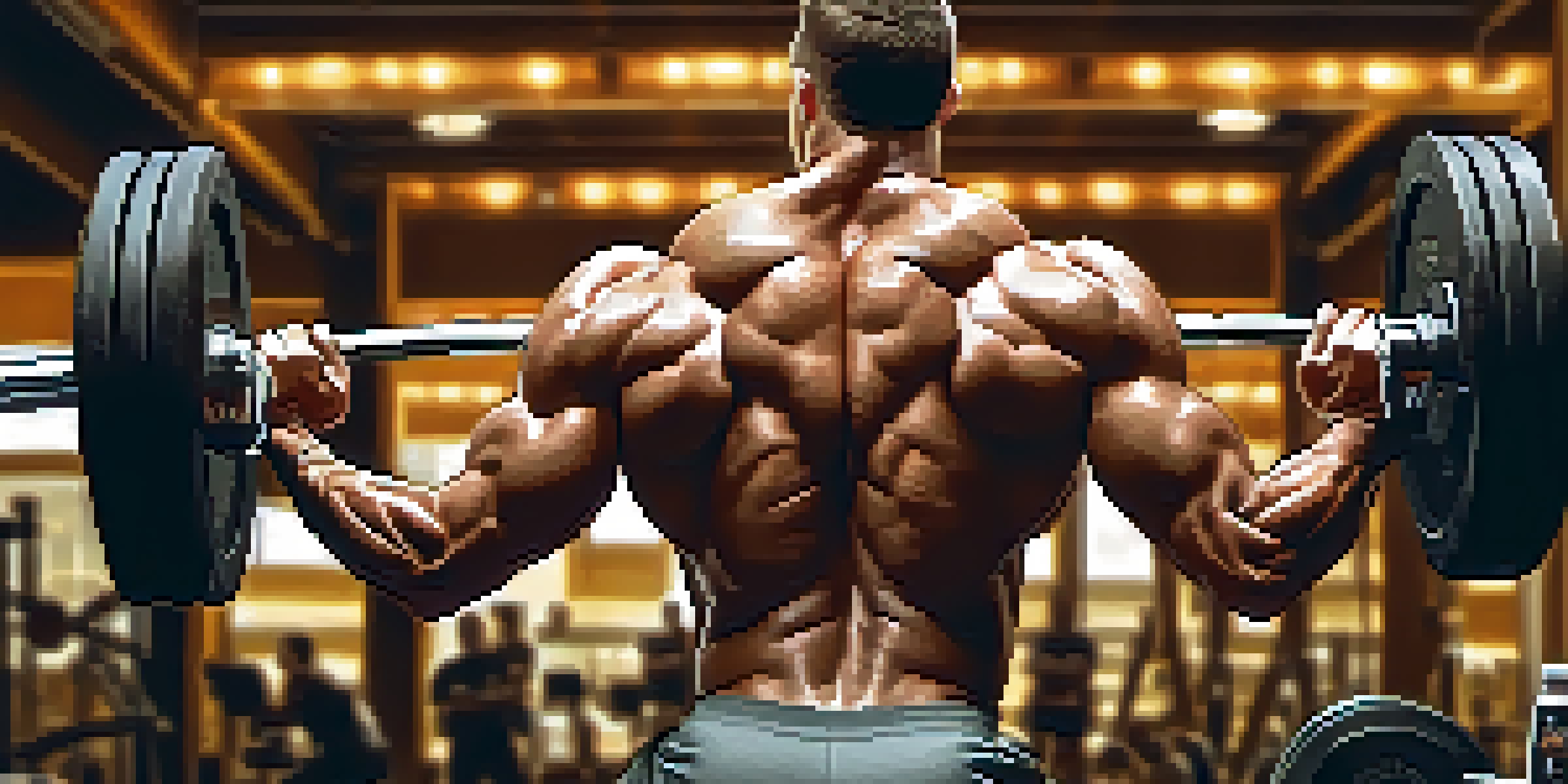A bodybuilder lifting weights in a gym, showcasing strong muscles and determination.