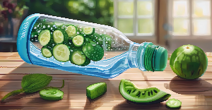 A close-up of a water bottle filled with clear water, surrounded by green fruits and vegetables, with sunlight creating a warm glow.