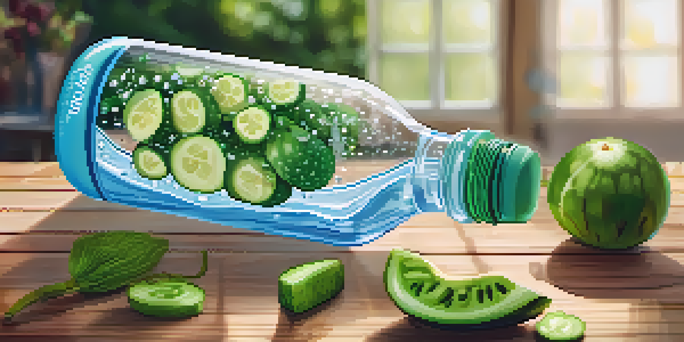 A close-up of a water bottle filled with clear water, surrounded by green fruits and vegetables, with sunlight creating a warm glow.
