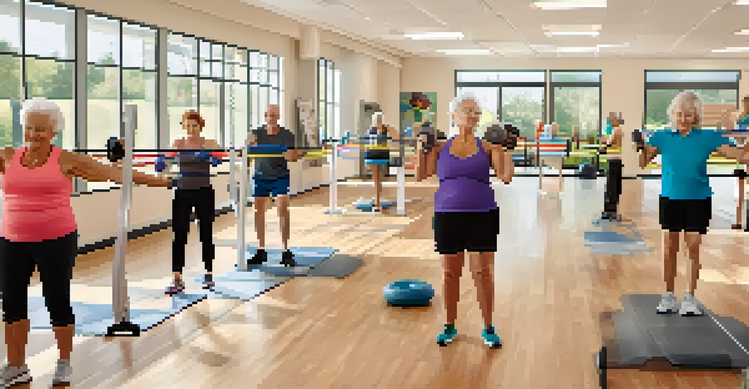 A diverse group of seniors in a strength training class at a community center, led by a trainer, all actively participating and smiling.