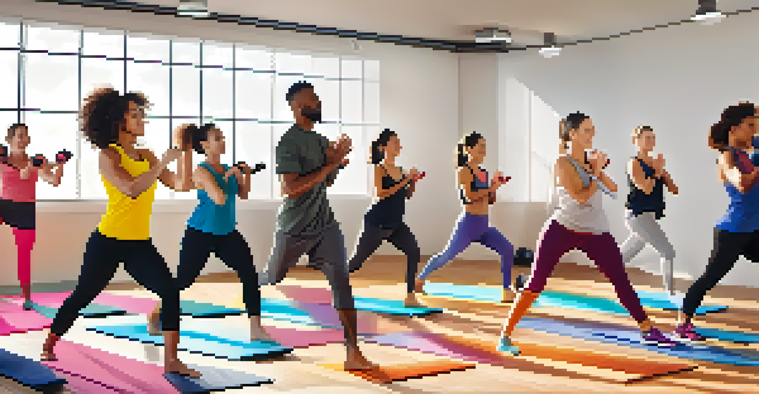 A group of diverse individuals participating in a fitness class, following a workout displayed on a large screen.
