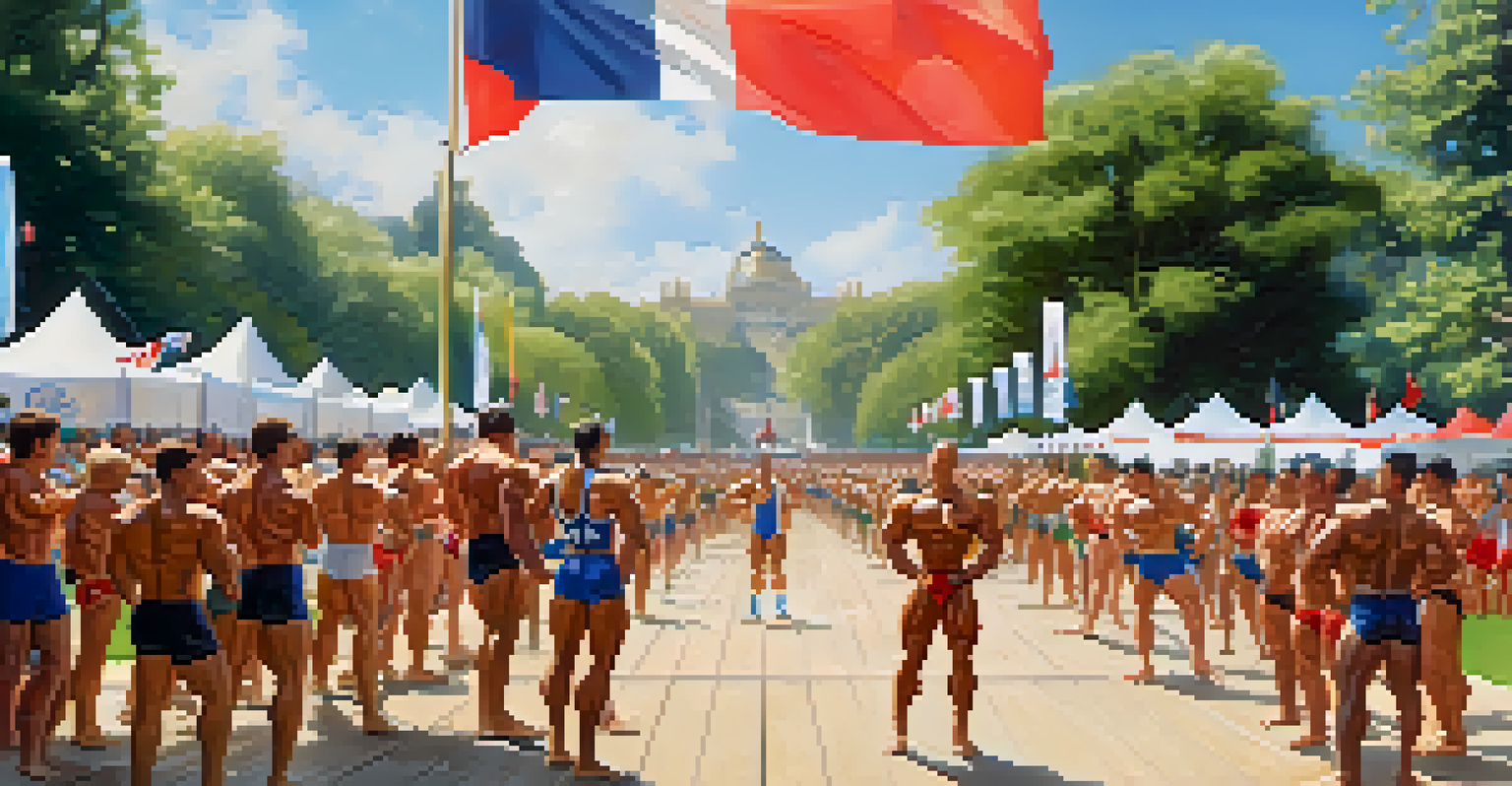 An outdoor bodybuilding competition with athletes showcasing their physiques in a park.