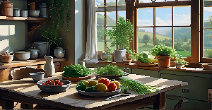 A bright kitchen with a wooden table set for a healthy meal, showcasing colorful dishes filled with fresh vegetables and lean proteins, illuminated by sunlight.