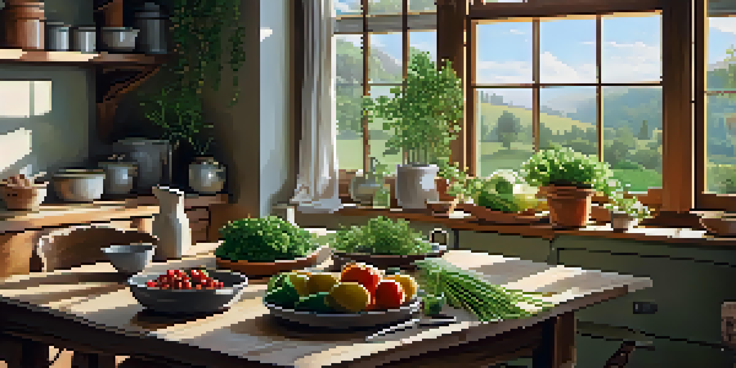A bright kitchen with a wooden table set for a healthy meal, showcasing colorful dishes filled with fresh vegetables and lean proteins, illuminated by sunlight.