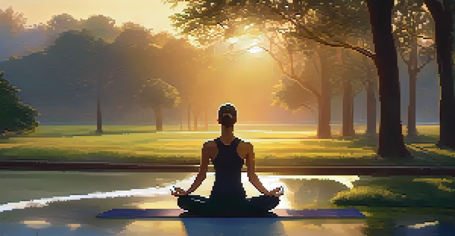 A person practicing yoga in a park at sunset, with lush greenery and soft golden light.