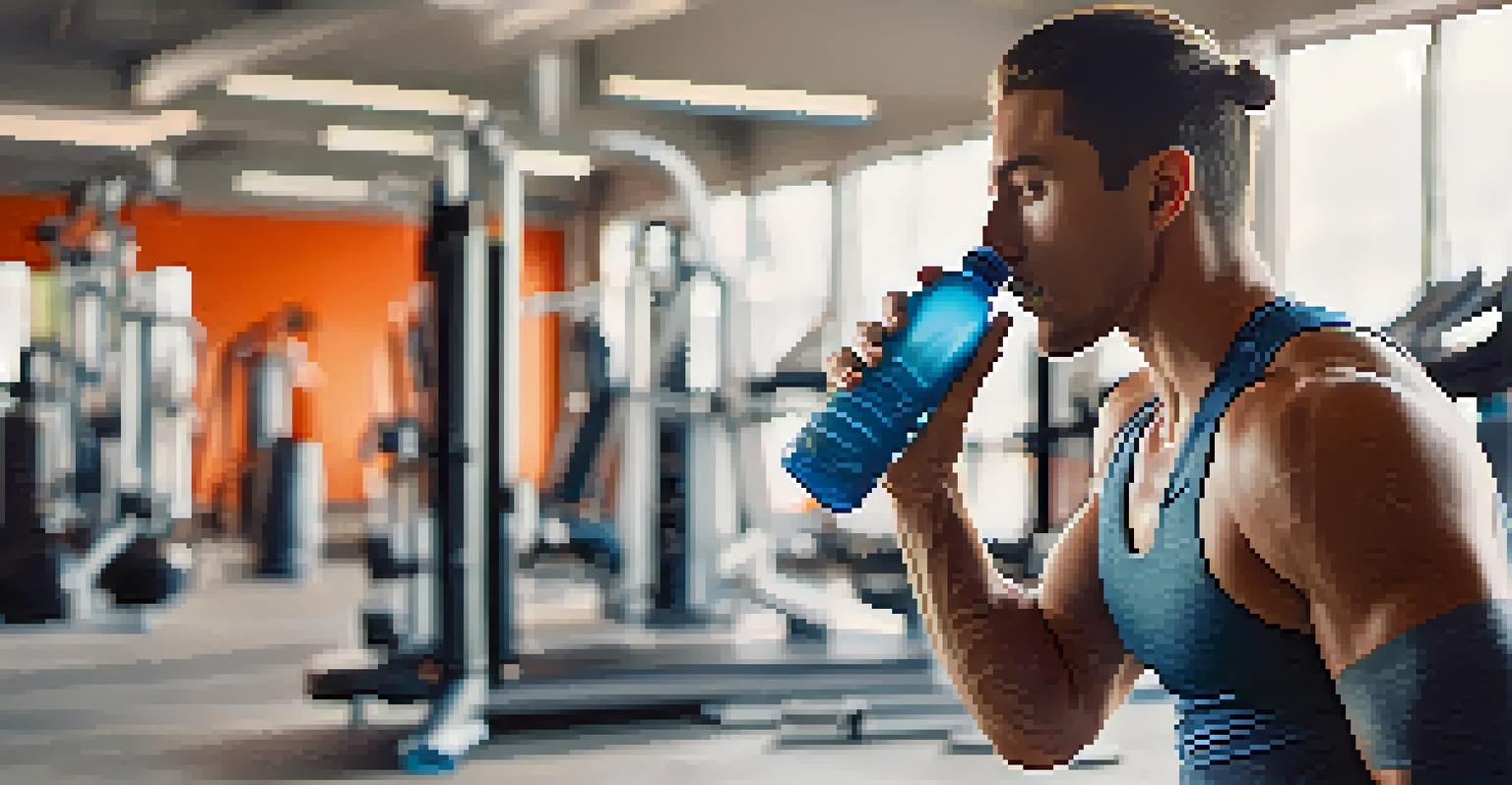 An athlete in a bright gym drinking from a reusable water bottle, showcasing determination and energy.