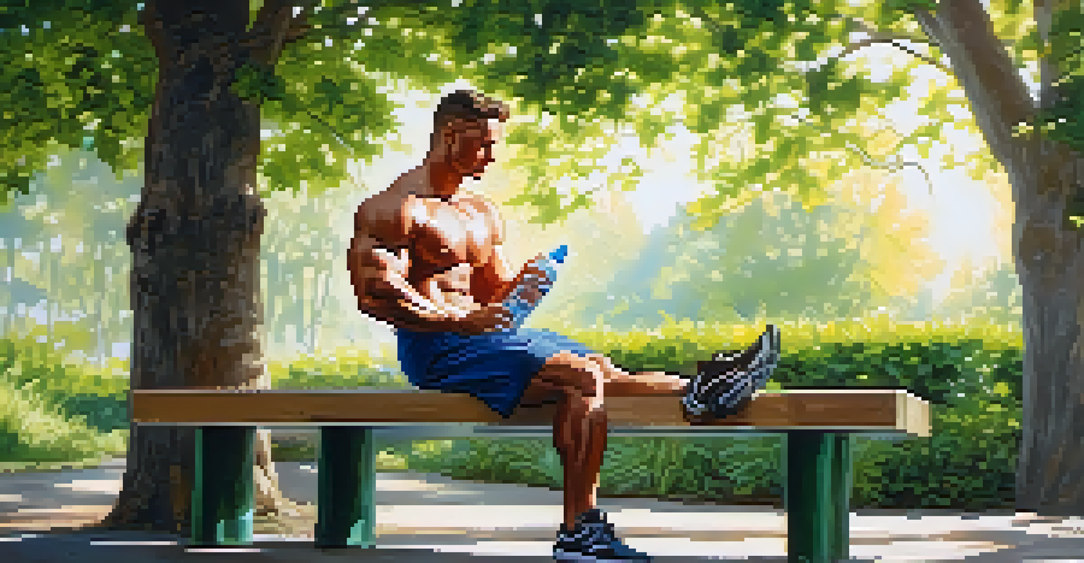 A bodybuilder sitting on a bench in a park, drinking water from a bottle amidst greenery.