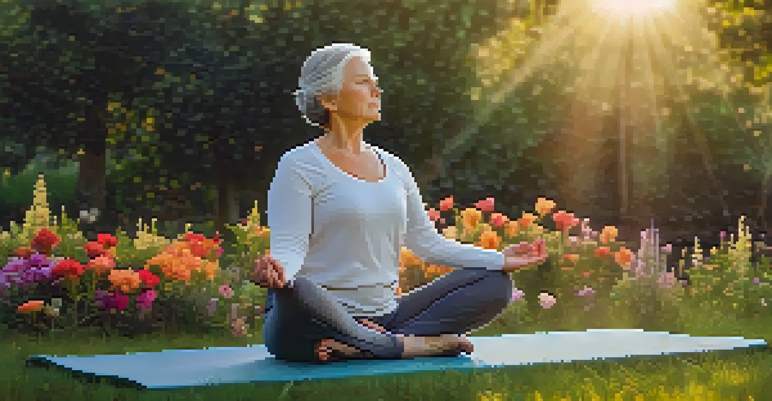 An older woman doing yoga in a tranquil park, surrounded by greenery and flowers during sunset.