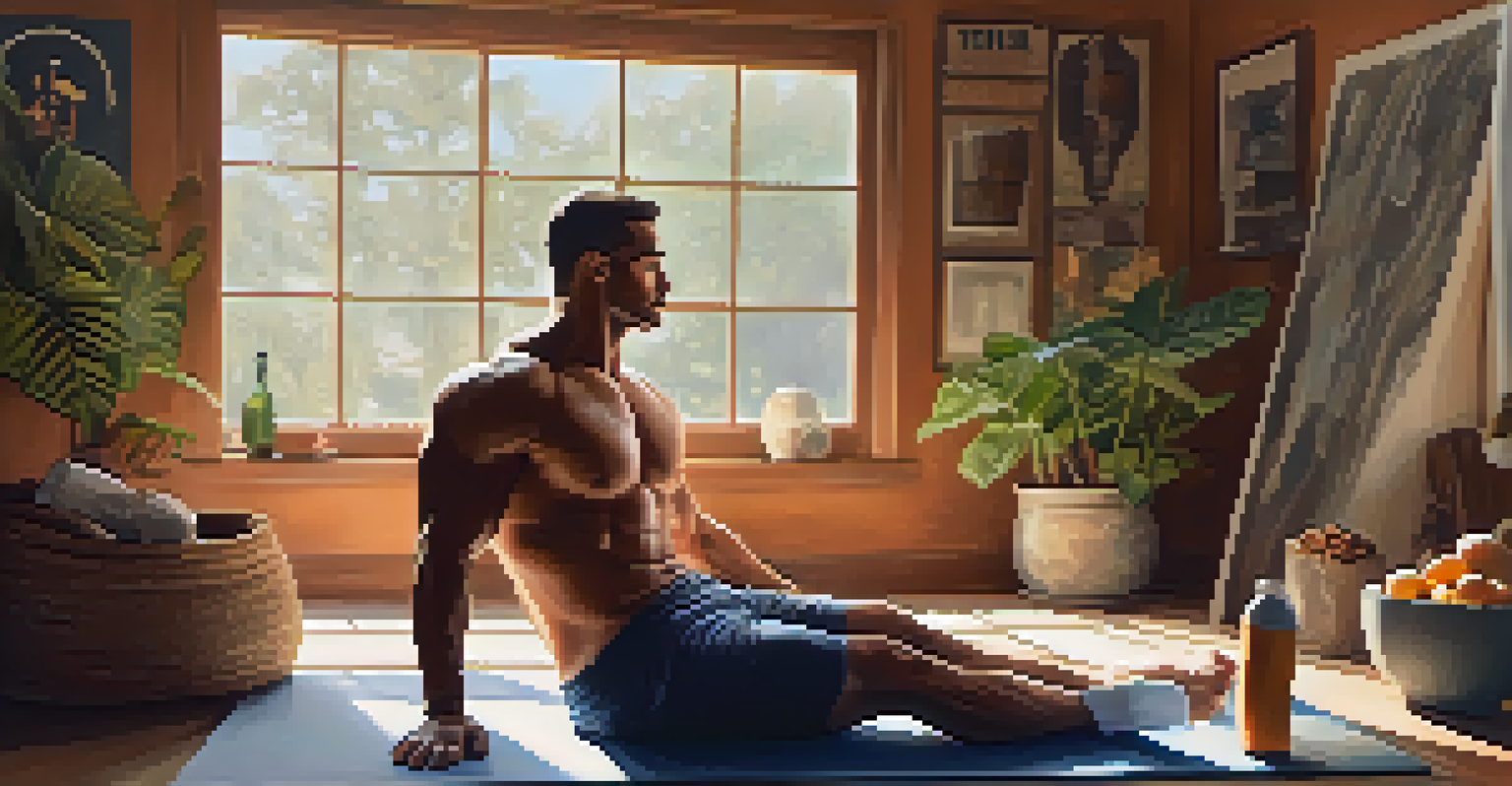A bodybuilder resting on a yoga mat with a water bottle and healthy snacks in a cozy indoor space.