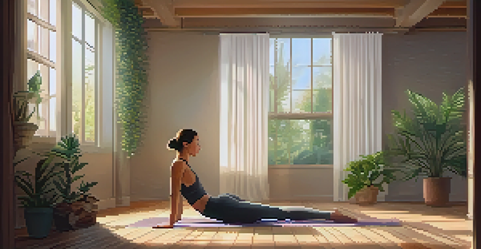 A person practicing yoga in a sunlit indoor room with plants and calming decor.